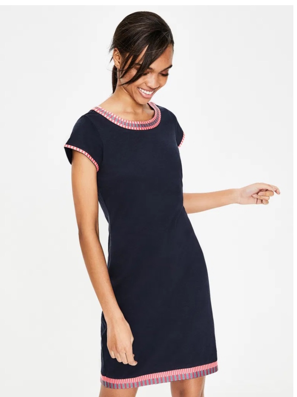 Boden Sena Embroidered Jersey Dress - Navy Shift Dress with Pink and White Trim